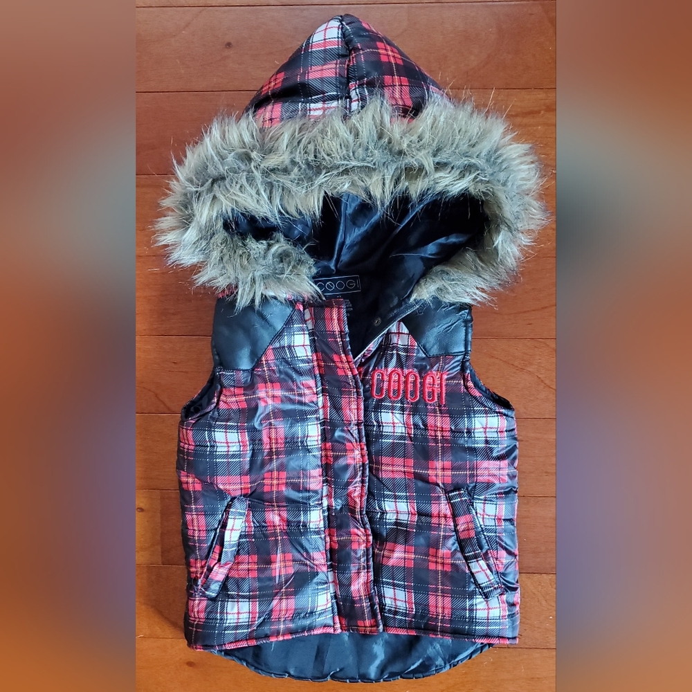Coogi Plaid Hooded Vest with Faux Fur Trim 2T